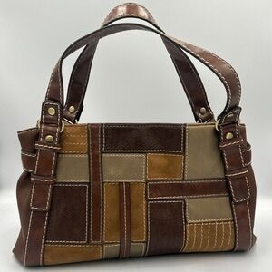 Vtg Y2K Relic Brown Faux Leather Patchwork Tote Hand Bag Purse Boho Colorblock